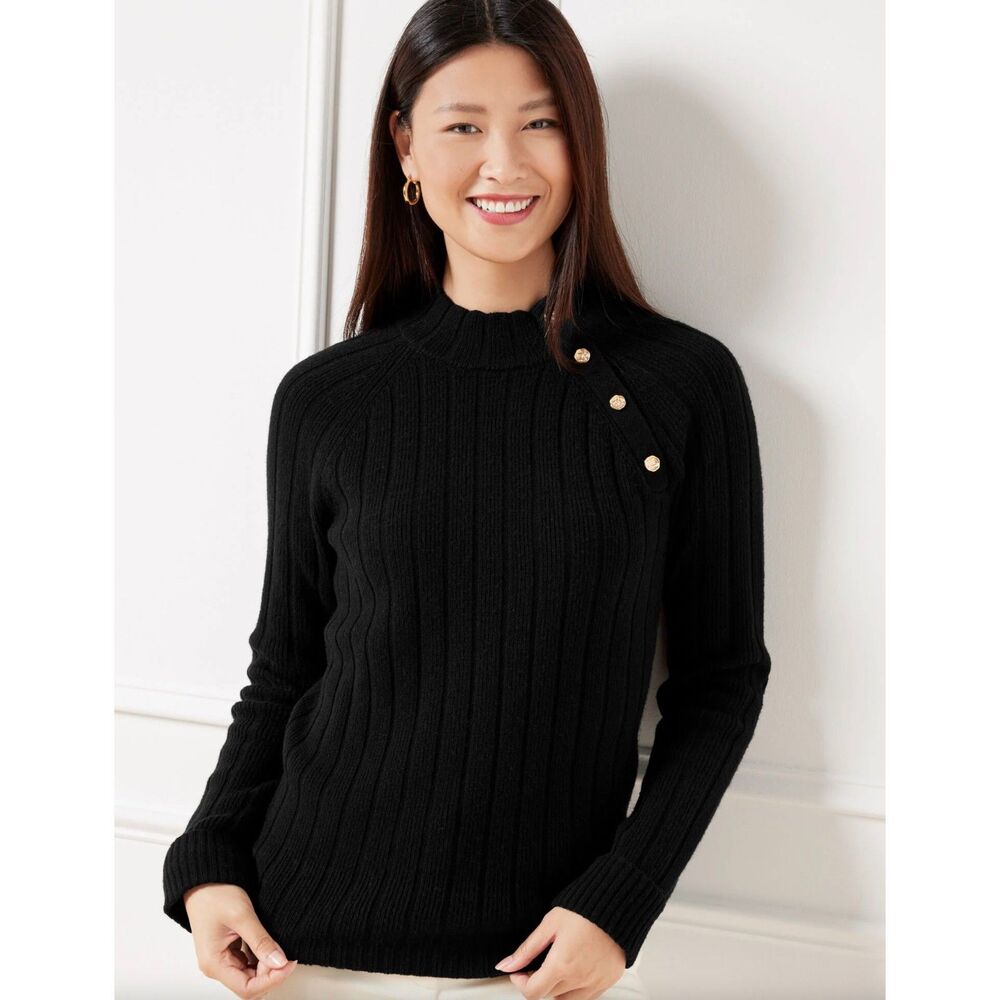 Talbots Black Ribbed Button Mock Neck Sweater M